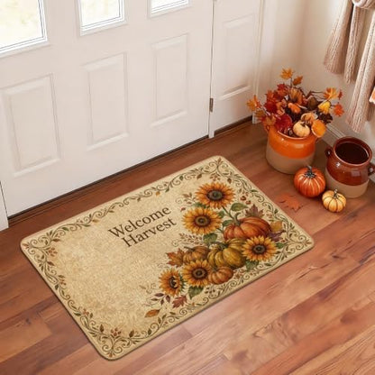 Sunflowers Welcome Door Mat, Seasonal Rustic Pumpkins Harvest Autumn Yellow Non-Slip Dirt Trapper Decorative Doormat Entryway Decor for Front Porch Bathroom Office 29x17 Inch