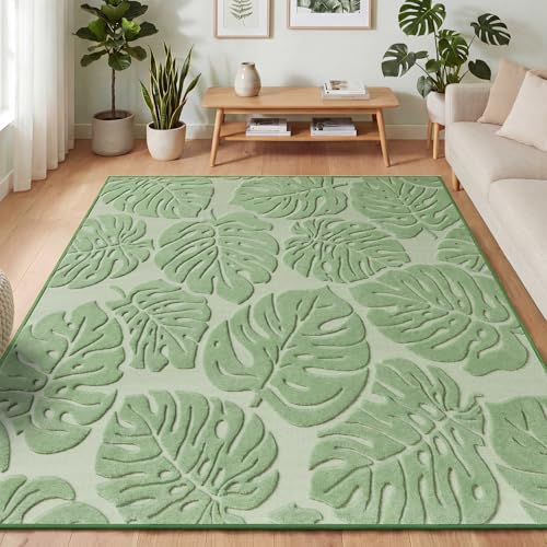 Sage Green Monstera Area Rug 5x7, High-Low Plush Pile Washable Rugs for Living Room Bedroom, Tropical Non Slip Nursery Carpet Soft Indoor Shag Rugs for Dining Room - color: Green, size: 5' x 7' (Rectangular)