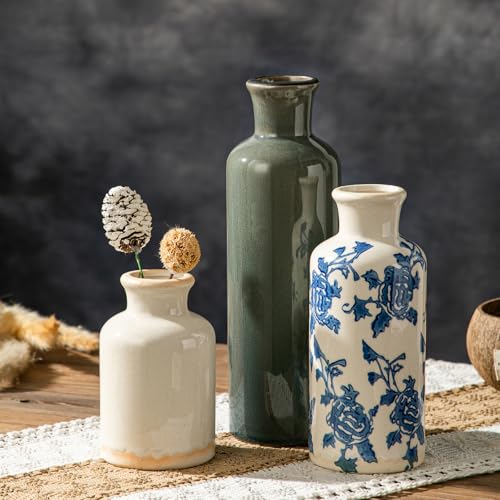 3Pcs Vintage Blue White Floral Ceramic Vase Set, Chinoiserie Farmhouse Decor Vases for Home Table Kitchen Living Room - color: Blue-2