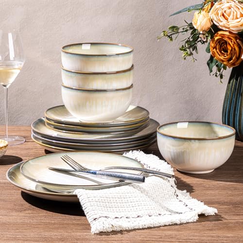 LERATIO Ceramic Dinnerware Sets for 4,12Pcs Stoneware Plates and Bowls Set | Handmade Reactive Glaze Ceramic Dishes Set,Oven & Microwave,Dishwasher Safe,Scratch Resistant-Sage Ivory - color: Sage Ivory, size: Service for 4-12pcs
