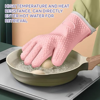 1 Pair Oven Mitts, Heat Resistant Protective Oven Gloves, Cotton Lined Silicone Kitchen Mitts Pair, Nonslip Silicone Cooking Gloves with Fingers (Pink) - color: Pink