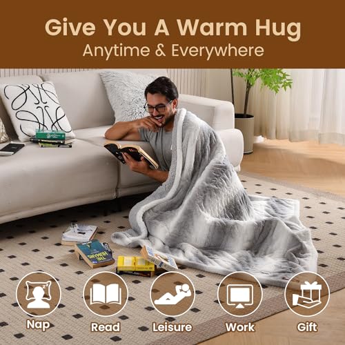 Bearhug Heated Blanket 6 Heat Settings Electric Blanket, 4-Hour Auto Shut-Off, Luxurious Faux Fur & Sherpa Dual-Sided Heated Throw, Machine Washable, 50 x 60 Inches, Gift-Ready Elegant Packaging - color: Silver Shade Gradient Stripe, size: Throw 50" x 60"
