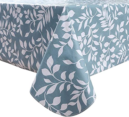 Pioggia Vinyl Tablecloth with Flannel Backed Waterproof Oil-Proof PVC Table Cloth Wipeable Spill-Proof Plastic Table Cover for Indoor and Outdoor(Blue Leaves, 60 x 60 Inch Round) - color: Blue Leaves, size: 60" (Round)