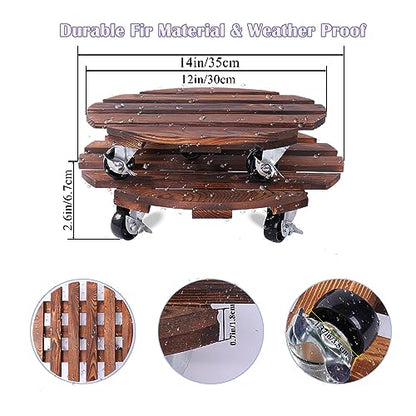 2 Pack Plant Caddy with 5 Wheels, 14" + 12" Rolling Plant Stand 220 LB Heavy Duty Wooden Round Plant Dolly with Metal 360° Lockable Caster Wheels for Outdoor Indoor Large Plant Pots, Flower Pot, Patio - size: 14"+12"