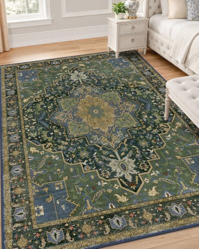 OLANLY 4x6 Washable Area Rugs, Soft Non Slip Carpet for Bedroom Living Room | Dark Green Boho Vintage Floral Medallion Farmhouse Rug, Spill & Stain Resistant Low Pile, for Dining Kitchen Office Bedside - color: Dark Green, size: 4' x 6' (Rectangular)