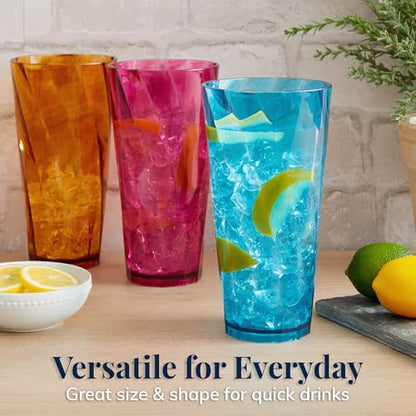 US Acrylic Optix Plastic Reusable Drinking Glasses (Set of 8) 26oz Iced-Tea Cups in Jewel Tone Colors | BPA-Free Tumblers, Made in USA | Top-Rack Dishwasher Safe - size: 26 ounces