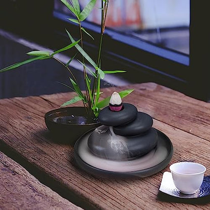 ZORZA Ceramic Zen Stone Backflow Incense Holder for Meditation Yoga | Waterfall Incense Burner,Zen Aesthetic,Black Rectangular Design,Tea Ceremony Decoration,Creating Serene Aromatic Atmosphere