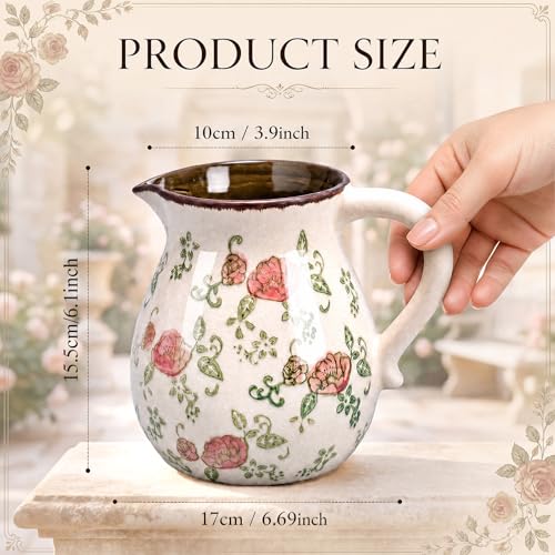 Retro Rustic Ceramic Utensil Holder 6.1" Modern Farmhouse Utensil Crock with Handle Kitchen Organizer for Countertop Home Decoration Housewarming Gift (Red Rose) - style: Red Rose