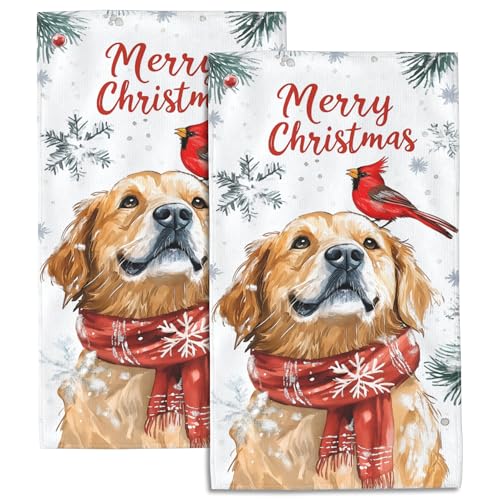Christmas Bath Hand Towels Set of 2, Christmas Red Cardinal Stand on Golden Retriever Decorative Bath Towels Soft Super Absorbent Hand Towels for Bathroom Hotel Gym Home Decor,14"X28" - color: Christmas Trees With Light Star and Snowflake