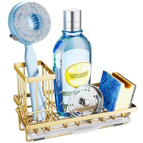 SWTYMIKI Sink Caddy Kitchen Sink Organizer with Detachable Brush Holder, Stainless Steel Sponge Holder with Removable Drip Tray Sponge Caddy for Kitchen Countertop, Gold - color: Gold, size: Medium
