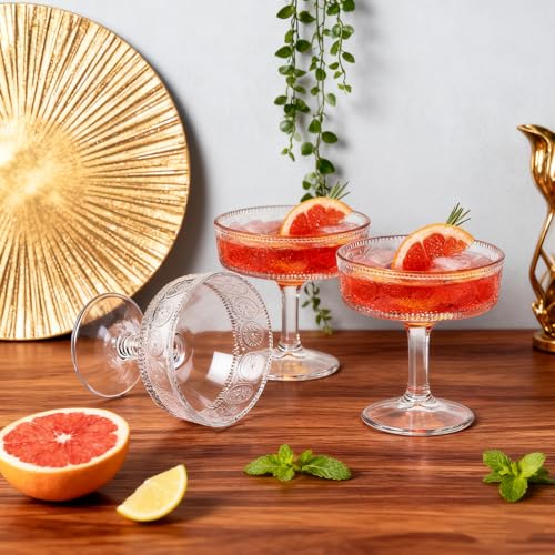 Pumtus Set of 6 Vintage Coupe Glasses, 7 OZ Embossed Martini Glass, Floral Fluted Cocktail Glasses, Unique Clear Margarita Cup, Romantic Drinking Glassware for Cocktail Wine Champagne