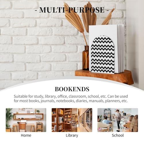Geometric Black & White Patterns 2 Print Book Ends, 1 Pair Sturdy Wooden Bookends for Shelves Heavy Duty Non-Slip Wood Bookend for Home Office Library School Study Decoration