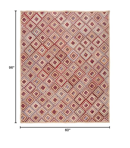 SAFAVIEH Cape Cod Collection Area Rug - 5' x 8', Natural & Red, Handmade Flat Weave Diamond Braided Jute & Denim, Ideal for High Traffic Areas in Living Room, Bedroom (CAP354B) - color: Natural/Red, size: 5' x 8' (Rectangular)