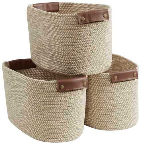 3 Pack Woven Cotton Rope Storage Basket, 15x10x9, Multi-Brown | Faux Leather Handles; Decorative Closet Shelf Organizer; Ideal for Storage & Organization - color: Multi-Brown