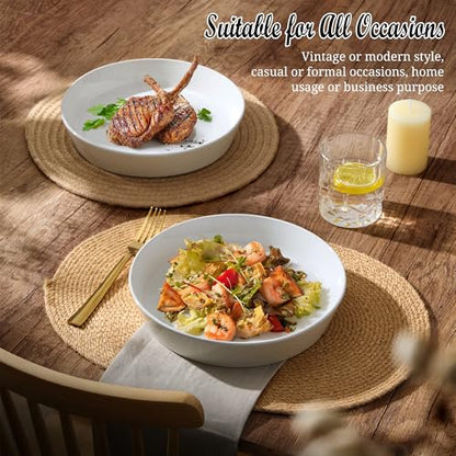 E-far Pasta Bowls, 34oz Stoneware Bowl Plate for Dinner Serving Soup Salad, Wide & Shallow Large Ceramic Pasta Plate Set of 4, Microwave & Dishwasher Safe, Speckled White, 8.7” - color: Speckled White