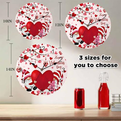 Happy Valentine's Day Silent PVC Wall Clock 12 Inch Gnomes Round Wall Clock Red Love Heart Tree Hanging Clock for Kitchen Non Ticking Battery Operated Living Room Pink Mute Clock - color: Gnomecbt5750, size: 12x12inch(30x30cm)