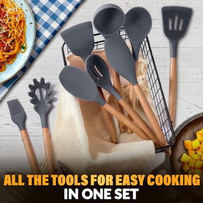 12 Pcs Gray Kitchen Utensils Set with Holder for Nonstick Cookware | Silicone Cooking Utensils Set for BBQ; Heat-Resistant Tools with Wooden Handles for Baking, Serving, Frying, and Mixing - color: Gray