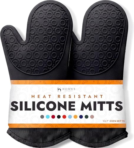 BPA-Free Silicone Oven Mitts Ultra Heat Resistant up to 500°F - Oven Mitts with Thick Cotton Liner - Long Slip Resistant Pot Holders, Flexible Oven Gloves - Black 13.7" - color: Black, size: 2-Piece 13.7" Oven Mitts