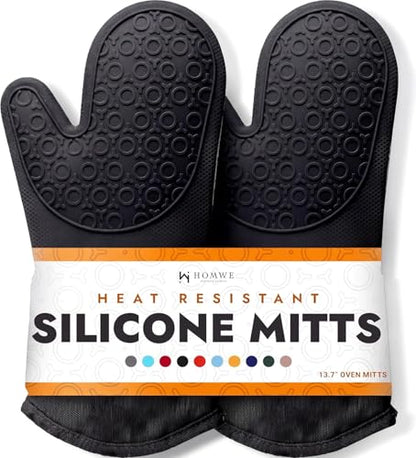 BPA-Free Silicone Oven Mitts Ultra Heat Resistant up to 500°F - Oven Mitts with Thick Cotton Liner - Long Slip Resistant Pot Holders, Flexible Oven Gloves - Black 13.7" - color: Black, size: 2-Piece 13.7" Oven Mitts