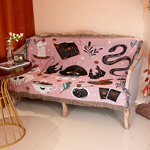 Divination Tarot Card Snake Skull Devil Eyes Throw Woven Blanket with Tassel for Home Decoration Chair Couch Sofa Bed Beach Travel Picnic Cloth Tapestry Shawl Cozy Cotton (Pink 63×51 Inches)