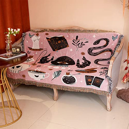 Divination Tarot Card Snake Skull Devil Eyes Throw Woven Blanket with Tassel for Home Decoration Chair Couch Sofa Bed Beach Travel Picnic Cloth Tapestry Shawl Cozy Cotton (Pink 63×51 Inches)