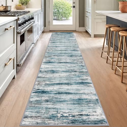 KOZYFLY Modern Abstract Hallway Runner, 2x12 Washable Rug Runner Non-Slip Soft Striped Kitchen Runner Rug, Light Blue Print Carpet for Entryway Bathroom Laundry Room Foyer - color: Blue, size: 2' x 12' (Runner)