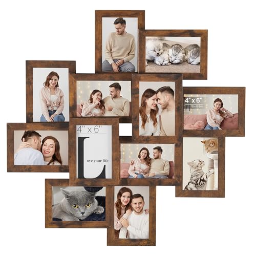 SONGMICS 12-Pack 4 x 6 Collage Picture Frames with Glass Front | Multi Picture Frame Set for Wall Decor, Assembly Required, Rustic Brown, KAVI Collection URPF022X01 - color: Rustic Brown, size: 12 Pack