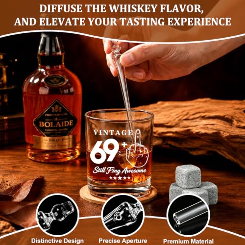 70th Birthday Gifts for Men, Funny Whiskey Glass Set with Vintage Wood Box | Includes Whiskey Stones, Tongs, Pipette &Greeting Card, 70 Year Old Birthday Party Supplies for Dad, Grandpa Who Loves Scotch - style: 70th Mens Gifts