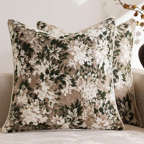 Pack of 2 Vintage Floral Throw Pillow Covers 16x16 Boho Farmhouse Accents Chenille Square Decorative Pillow Cases for Living Room Couch Bed Home Decor, Green and Taupe - color: Green and Taupe, size: 16" x 16" (Pack of 2)