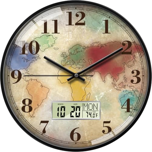 14'' World Map Wall Clock, Analog Clock with Digital Display | Silent Non-Ticking, Battery Operated, Shows Date Day & Temperature, Decorative for Living Room, Bedroom, Kitchen, Office - color: Multicolor, size: 14inch