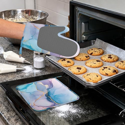 Golden Marble Pink Purple Blue Heat-Resistant Silicone Oven Mitts and Pot Holders,Long Oven Gloves with Non-Slip Grip for Cooking, Baking, Grilling,BBQ - color: Pink Purple Blue Golden Marble