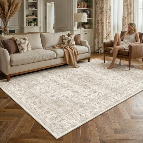 Area Rugs 6x9 Beige Vintage Floral Farmhouse Style | Washable, Non-Slip, Low Pile, Distressed Carpet, Indoor Throw Rug for Small Living Room Bedroom Dining Room, Nursery - color: Vintage Beige, size: 6' x 9' (Rectangular)