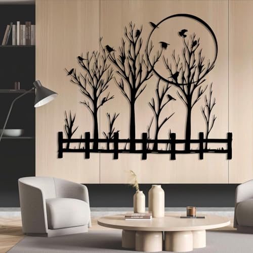 Birds on Tree Branch Metal Wall Art, Tree of Life Metal Wall Decor, Field of Trees Wall Decor, Large Trees Wall Sculpture, Forest Silhouette Wall Hanging for Indoor, Outdoor (Black, 47"x39"/119x100cm) - color: Black, size: 47L" x 39W"