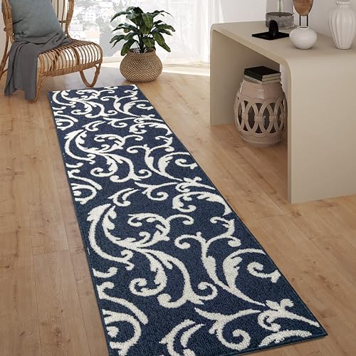 Hallway Runner Rug Non Slip Rubber Backing, 26 inch x 8 ft, Scroll, Blue, Heavy Duty Berber Style Carpet Runner for Entryway, Kitchen, Bathroom, Bedroom, Laundry Room. - color: Scroll Blue, size: 8 Foot Long Runner Rug