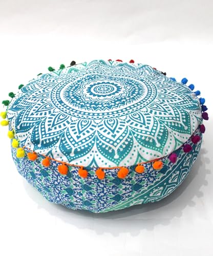 CRAFT KALA Green Ombre Large Hippie Mandala Meditation Floor Ottoman Pillow Cushion Pouf Cover Square Poufs Bohemian Circle Floor Cushion Case Outdoor Fireplace Yoga Living Room Decor Cover 16" Round - color: Green, size: 16"D x 16"W x 5"H