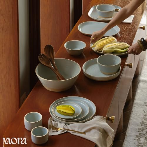 Mora Giant Salad Bowl Set with Wood Salad Servers, 4 qt Large Ceramic Serving Bowl for Salad, Pasta & Fruit, Microwave, Oven and Dishwasher Safe - Mist - color: Mist