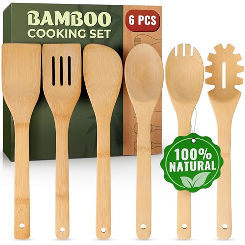 Wooden Spoons for Cooking, 6 Pcs Bamboo Utensil Set – Nonstick Safe | Heat-Resistant, Easy to Clean & Sturdy – Smooth Finish with Comfortable Handles, Food-Safe - size: 6 Pieces
