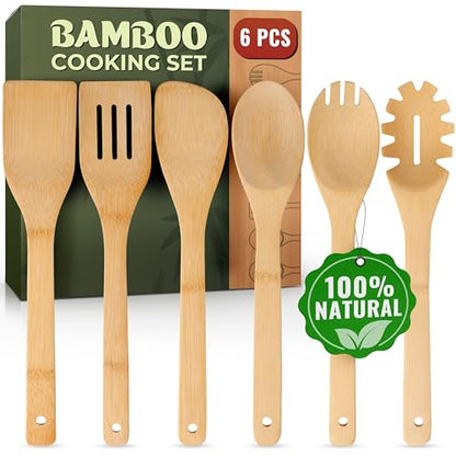 Wooden Spoons for Cooking, 6 Pcs Bamboo Utensil Set – Nonstick Safe | Heat-Resistant, Easy to Clean & Sturdy – Smooth Finish with Comfortable Handles, Food-Safe - size: 6 Pieces