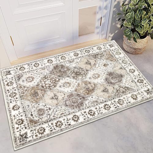 HEBE Indoor Door Mat 2'x3', Washable Welcome Mat for Front Door Entrance | Non Slip Soft Boho Entryway Rug, Vintage Distressed Low-Pile Entry Mats Floor Carpet for Entrance, Porch, Bathroom - color: Beige, size: 2' x 3' (Rectangular)
