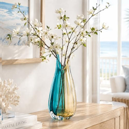 Hand Blown Glass Vase, Medium Wide Mouth Flower Vase Unique Modern Turquoise Glass Art Decor, Nonbreakable Vases for Table Centerpieces Living Room Decorative Amber and Teal Vase - size: Tall