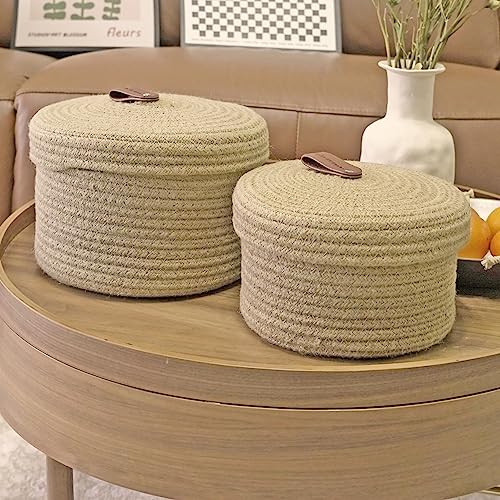 Set of 2 Round Jute Rope Storage Baskets with Lids -Leather Handles- Decorative Woven Organizer Bin for Home, Kitchen, Nursery,Small Basket