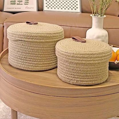 Set of 2 Round Jute Rope Storage Baskets with Lids -Leather Handles- Decorative Woven Organizer Bin for Home, Kitchen, Nursery,Small Basket