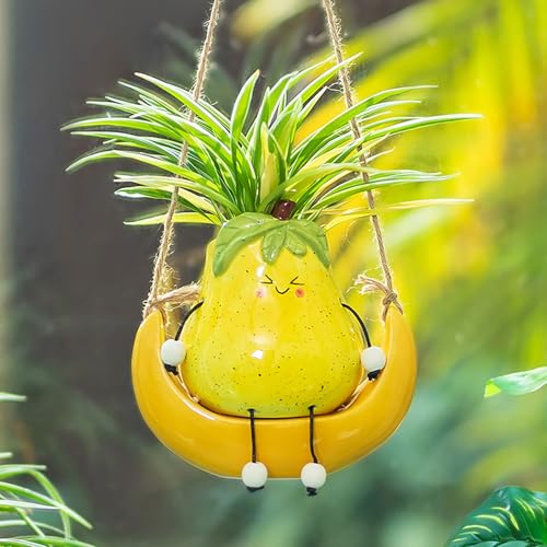 Cute Garden Hanging Planter: Ceramic Swing Plant Pot with Drainage | Flower Planter with Smiley Face, Gift for Women; for Succulents, Cactus, Spider Plants and Indoor or Outdoor - color: Yellow-pear