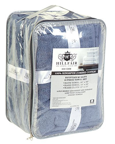 HILLFAIR 12 Piece- 600 GSM Cotton - Hotel Spa Towels Set- 2 Bath Towels, 4 Hand Towels, 6 Washcloths- Absorbent Super Soft Cotton Towels Set- Blue- 100% Cotton - color: Wedgewood Blue, size: 12 Piece Towel Set