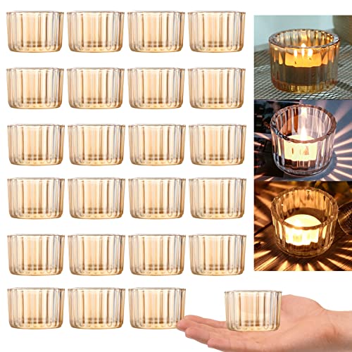 GOLDEAL Gold Round Tealight Candle Holders,Set of 24 Thick Glass Tea Light Candle Holder Decor,Candlestick for Wedding Decor,Party,Baby Shower Party,Bridal Shower Party,Table Centerpiece, Home Décor - color: Gold