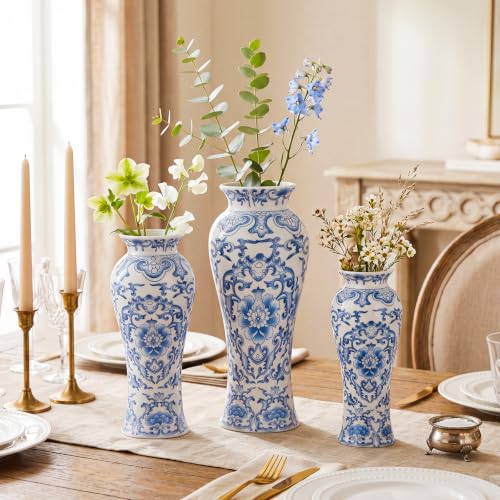 LemonRoad 3 Pack Chinoiserie Vases Porcelain Blue and White Vases for Flowers Pottery Chinoiserie Ceramic Vase for Living Room Mother's Day Decor Table Centerpiece, 6.7", 8.3", 10"(Modern) - style: Modern