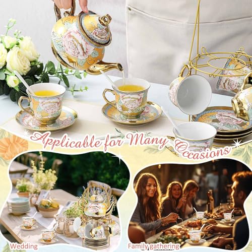 Zhehao 20 Pcs Porcelain Tea Set with Metal Holder and Spoon Adult Ceramic Tea Set European Flower Painting Teapot Cup Saucer Spoon for Women Mom Gift, Large Version (Classic Style) - color: Classic Style