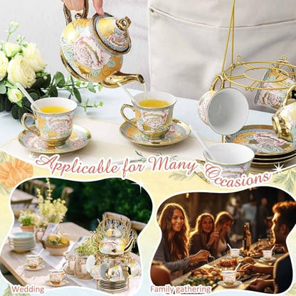 Zhehao 20 Pcs Porcelain Tea Set with Metal Holder and Spoon Adult Ceramic Tea Set European Flower Painting Teapot Cup Saucer Spoon for Women Mom Gift, Large Version (Classic Style) - color: Classic Style