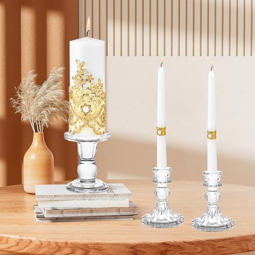 Unity Candle Holder - Glass Candle Holders for Pillar Candles Taper Candles, Glass Candlestick Holders Set of 3, Decorative Clear Glass Candlestick Holder for Wedding Table Dinning Church Centerpiece