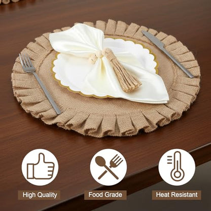 18 Pack Round Burlap Placemats Wood Bead Napkin Rings with Dinner Napkins Cloth, Jute Heat Resistant Placemats Boho Wooden Rings for Plates Wedding Dining Table